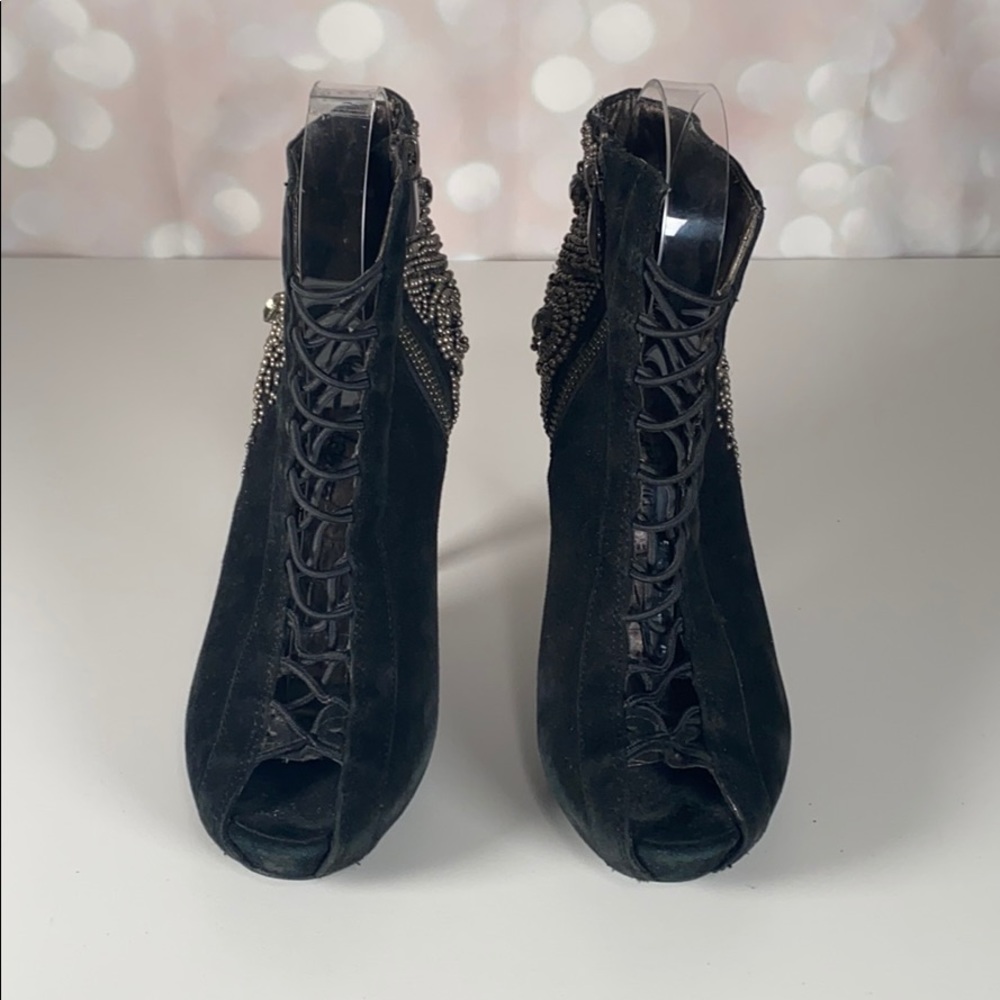 SAM EDELMAN “QUANTAM” Embellished Laced Suede Heel - Picture 12 of 16
